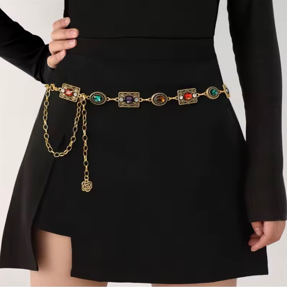 Retro Colorful Waist Multicolor Gemstone Chain Belt 44” - Picture 2 of 5